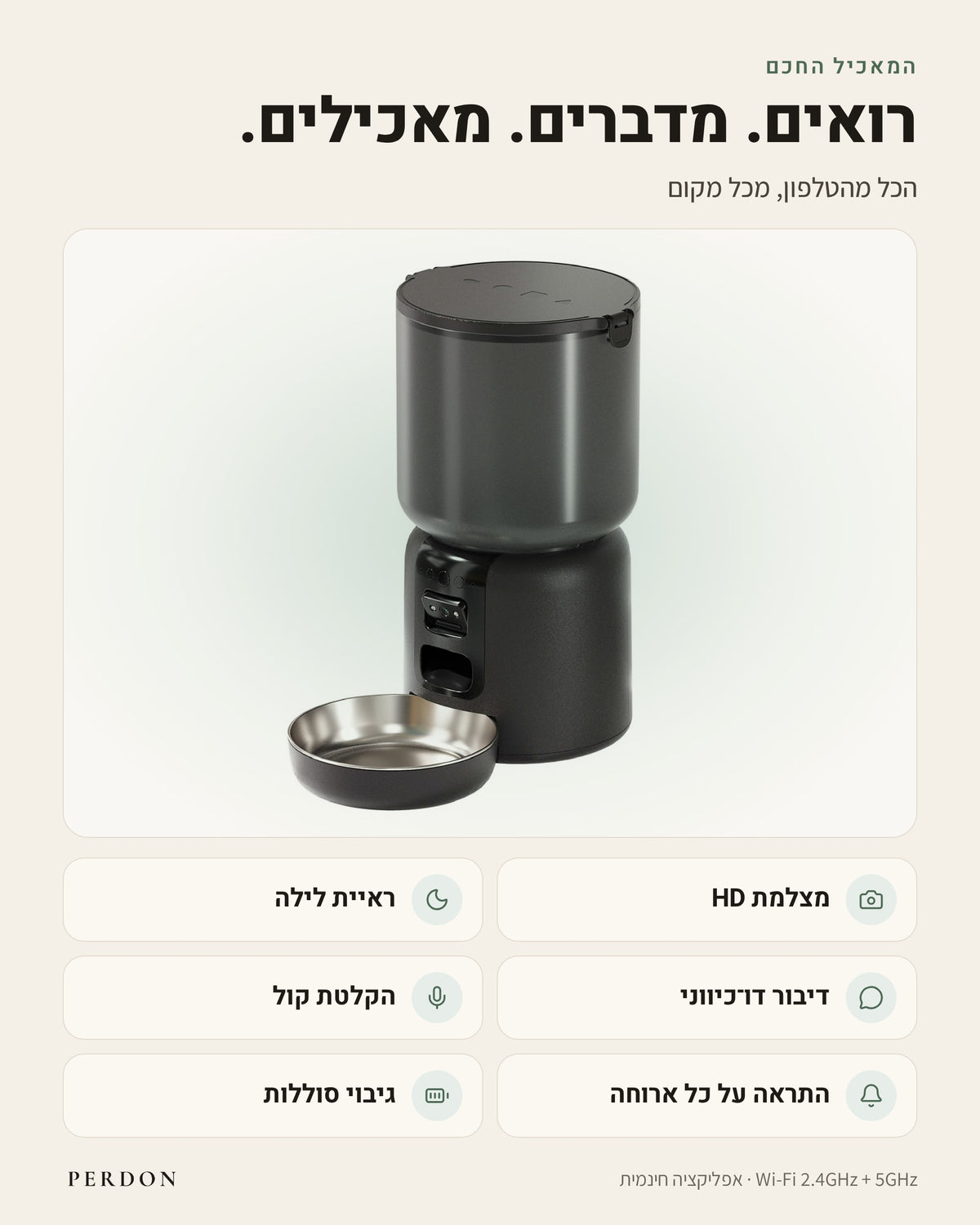 המאכיל החכם של PERDON: מצלמת HD, ראיית לילה, דיבור דו-כיווני, הקלטת קול, התראה על כל ארוחה וגיבוי סוללות